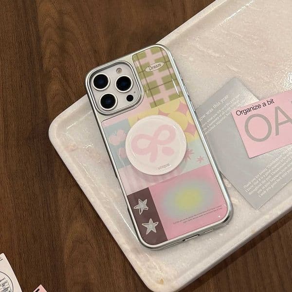 ins Splicing Plaid Phone Case Bowknot Bracket For iPhone 16 15 14 13 12 Pro Max Drop Glue Plating Silver Border Shockproof Cover Z260528