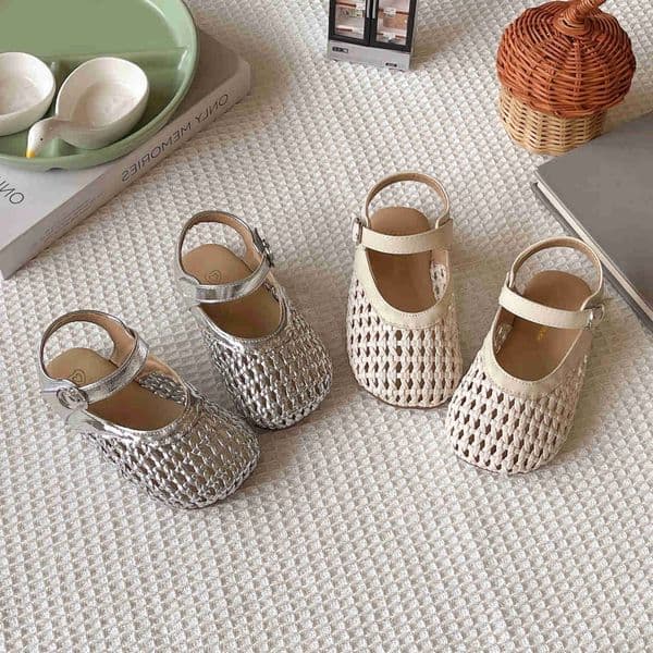 Summer Girls Sandals Braided Hollow-out Sliver Beige Kids Sliders Versatile Minimalist Shallow Trendy Childern Shoes 22-33 H260528