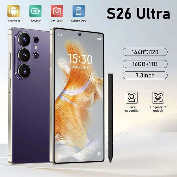 Unlocked Smartphone S26 Ultra Phone Cell phone 4G LTE 6 9 inch Punch hole Full Screen Fingerprint 20MP Camera English Email Video Global Version