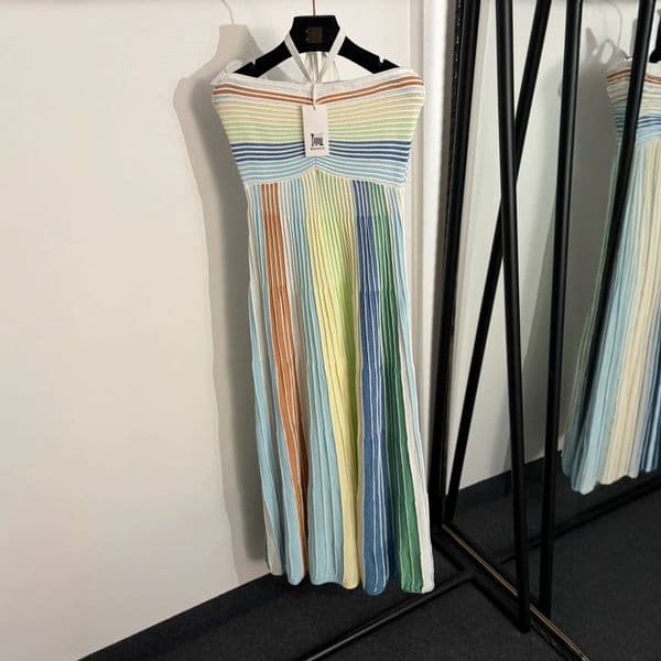 high-end elegant slim-fit new sweet style halter neck strapless colorful striped ruched knit dress