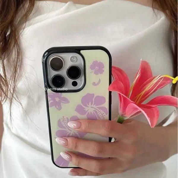 Korean ins Yellow Background Purple Pink Flowers Phone Case For iPhone 17 16 15 14 13 12 11 Pro XR X Max 8 7 Plus Y2K Cute Cover Z260528