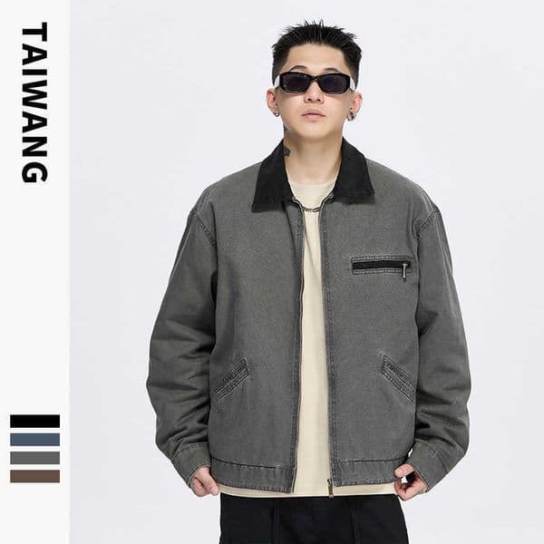 Thai King Mens Clothing American Detroit Jacket Zipper Workwear Spring Autumn Mens Canvas Turn-down Collar Washed Jacket Men L260528