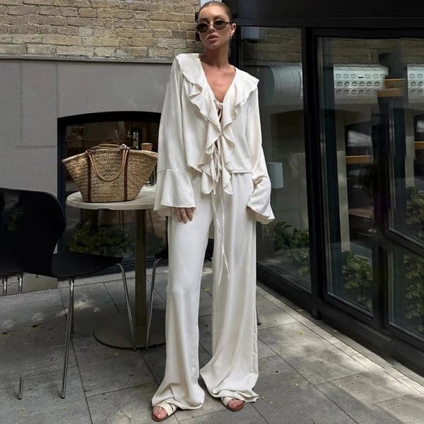Linad Casual Loose Apricot Outfits Fashion Ruffles Flare Sleeve Blouse With High Waist Pant 2 Piece Sets Summer Long Pants Suits 260528