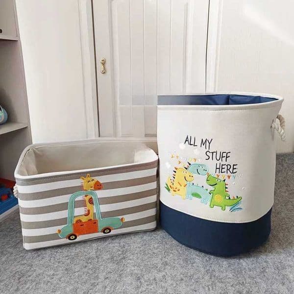 Cartoon Toy Storage Basket Foldable Canvas Laundry Hamper Collapsible Clothes Organizer Bin with Handles for Kids Room J260528