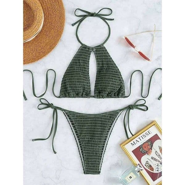 2025 Halter Tie Side Hollow Out Smocked Women Swimsuit Female Swimwear Two Pieces Bikini Set Swim Bathing Suit Beach Wear 26L0528
