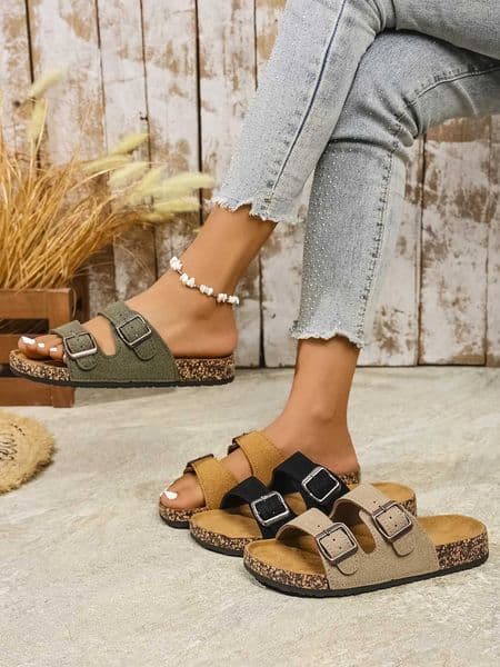 Womens Teen Mules New Spring and Summer Vintage Casual Slip-On Shoes Pu Upper Double Strap Half Slippers with Adjustable Z260528