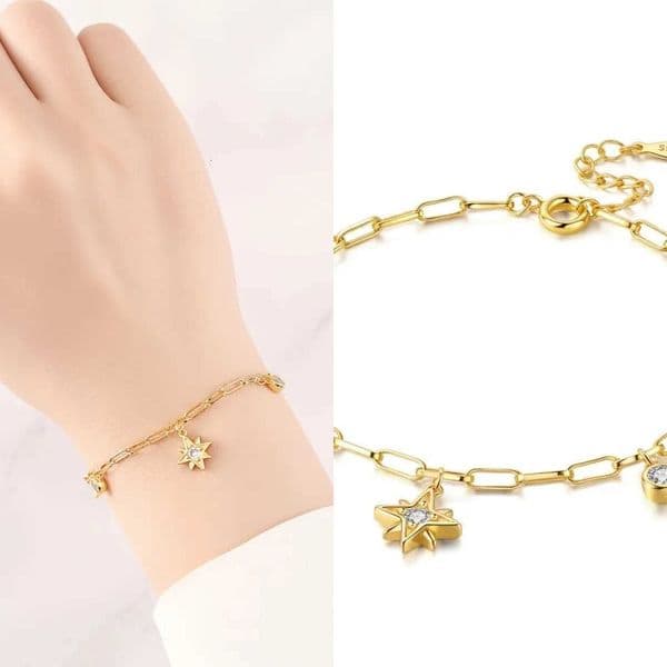 New 925 Sterling Silver Exquisite Golden Starry Chain Link Women Birthday Festival Jewelry Gifts L260527