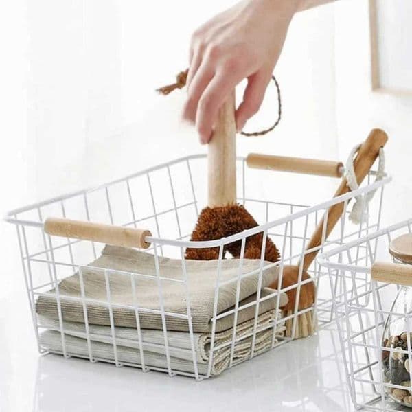 Metal Desktop Storage Basket White Black Rectangle Iron Wired Basket with Wood Handle Large Capacity Sundries ContainerJ260527
