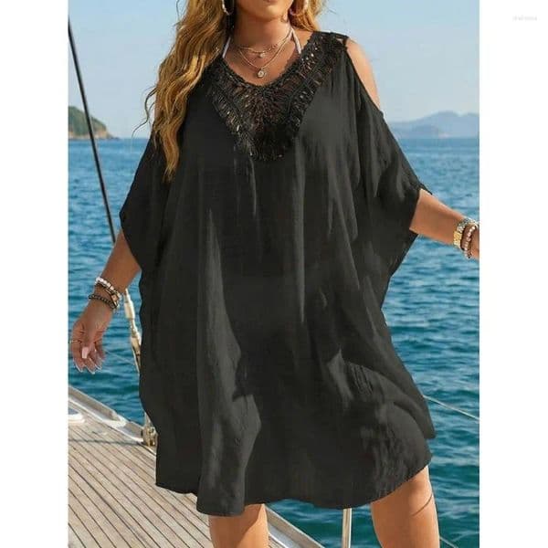 Fashion V Neck Swimsuit Cover Up Dress Backless Loose Beachwear Shirt Casual Vacation Summer Sunscreen Smock For Women