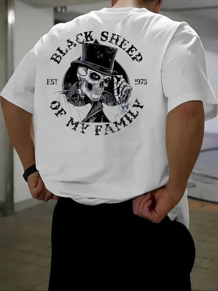 Black Sheep Of My Family Skull Graphic Tee for Men Breathable 100 Cotton Perfect for Summer Streetwear and Edgy Dark Vibe D260528
