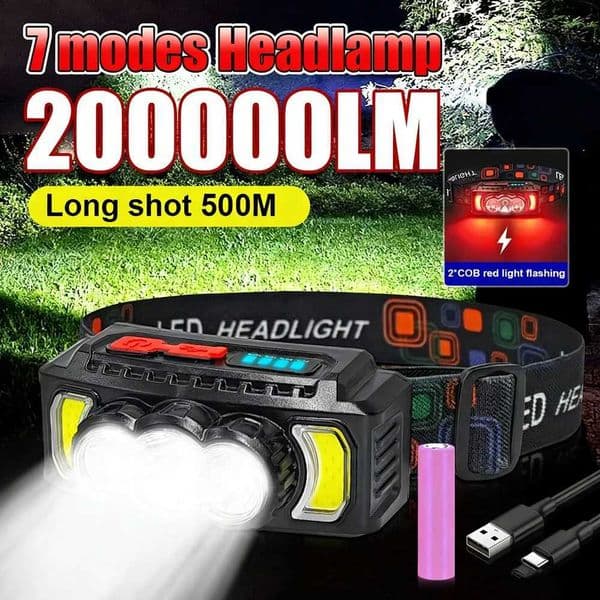 200000LM Headlamp Super Powerful Flashlights EDC LED Flashlight Portable Lights USB Rechargeable Lamp for Outdoor Camping Hiking S260527