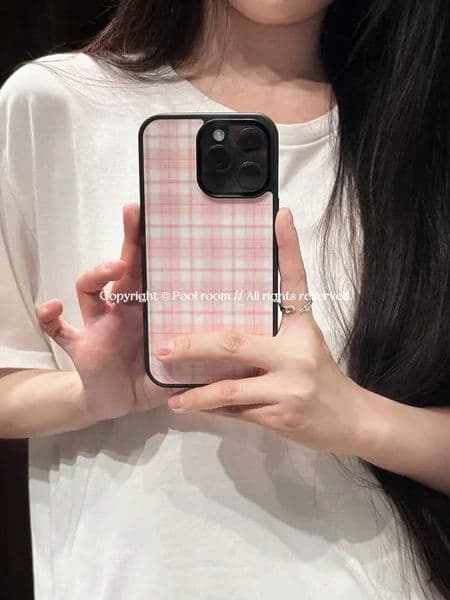 Korean Ins Girl Pink Grid Pattern Cartoon Cute Phone Case For iPhone 17 AIR 16 15 14 13 12 11 Pro XR XS X Max 7 8 Plus Y2K Cover Z260528