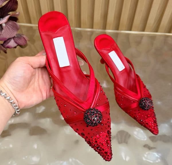 Luxurys Designer Dress Shoes New Satin Pointed Toe Pumps Luxury Rhinestone Ball Stiletto Heels Elegant Mesh Patchwork Evening Wedding Party Sandals