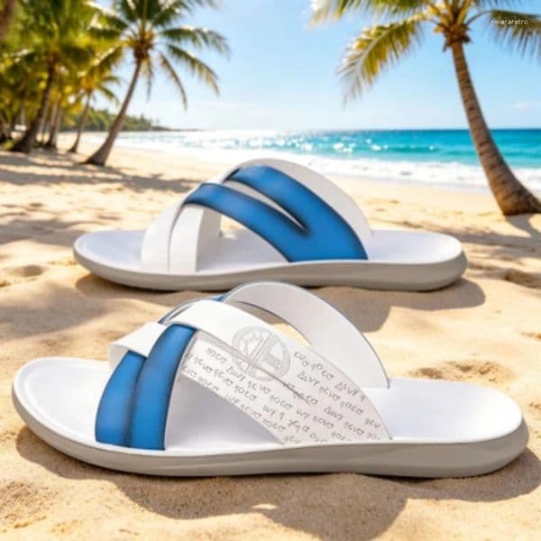 Sandals Men's White Blue Cross Strap Slide Non-Slip Thick Sole Beach Slippers Indoor Outdoor Casual Summer Shoes For Men