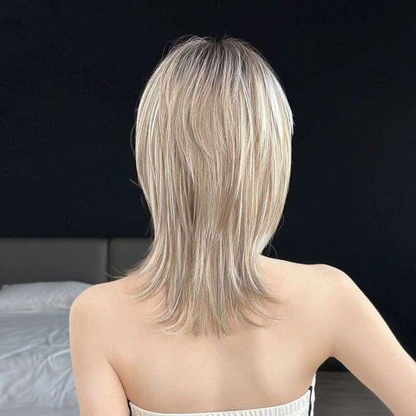 Long Straight Collarbone-Length Hair, Layered Stylish Synthetic Fiber, New Wolf Tail Highlights In Gray SHXI
