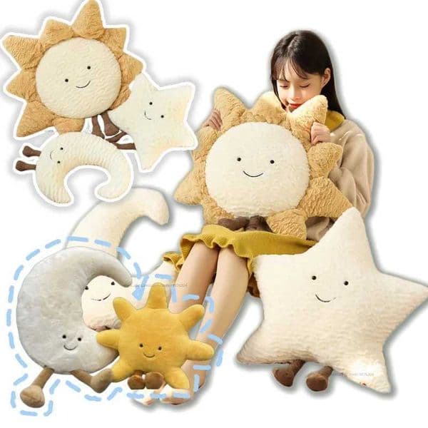 Smile Face White Moon Yellow Sun Star Plushie Stuffed Cartoon Weather Sky Plush Cushion for Kids Bedroom Decor Sofa Throw Pillow L260527