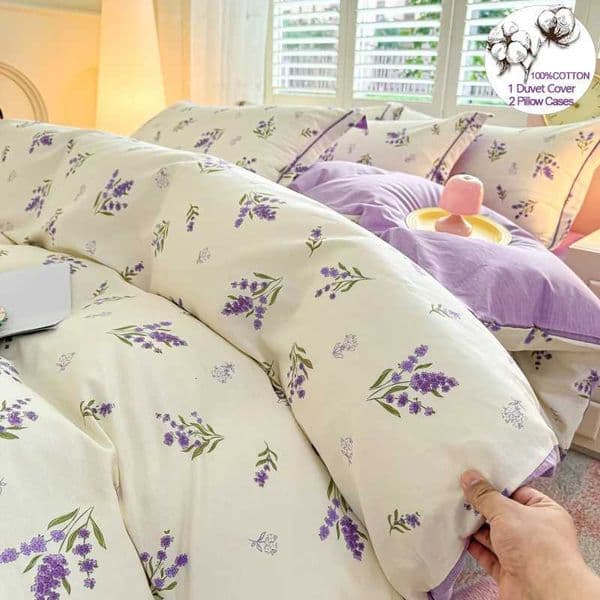 100 Cotton Lavender Print Duvet Cover Set 3-Piece 1 Duvet 2 Pillowcases - Breathable Fade-Resistant Bedding SetR260528