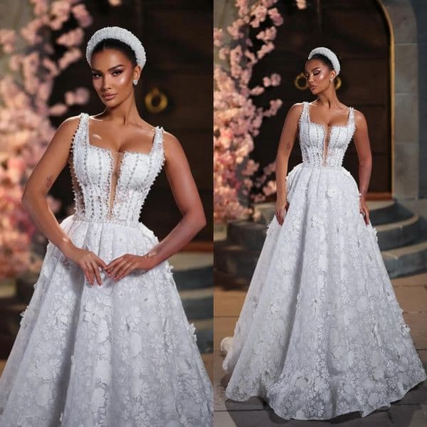 Gorgeous Wedding Dresses Pearls Appliques Bridal Gowns A Line Princess Spaghetti Straps Sleeveless Sweep Train Customized Vestidos De Novia Plus Size
