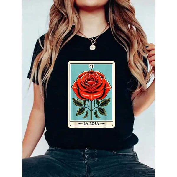 Rosa Mexican Lottery Bingo Game Rose Pattern T-shirt Round Neck Cotton Short Sve Casual Fashion Womens Trendy Round Neck Top D260528