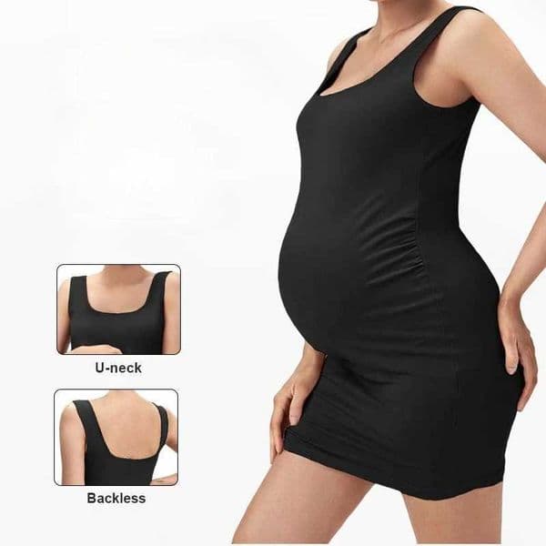 New Hip Hugging Square Neck Waist Cinched Sleeveless Slim Fit Solid Color Pregnant Womens Dress With Belly Support L260528FY8Q