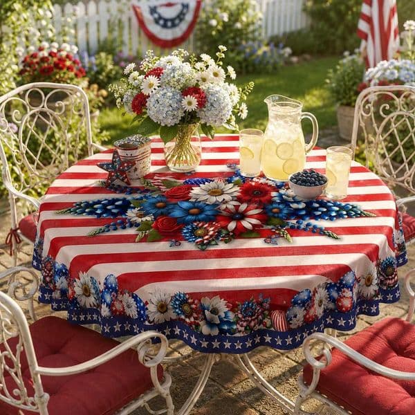 Round 4th of July Tablecloth Patriotic American Flag Floral Print Circular Table Cover for Party Picnic Home Decor C260526