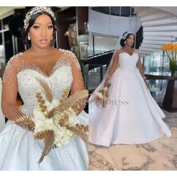 African Arabic Plus Size Wedding Dresses Sheer Long Sleeves Beads Pearls Illusion Jewel Neck Brdial Gowns Custom Made Maternity Robes De Mariage Bc18098 Mb528