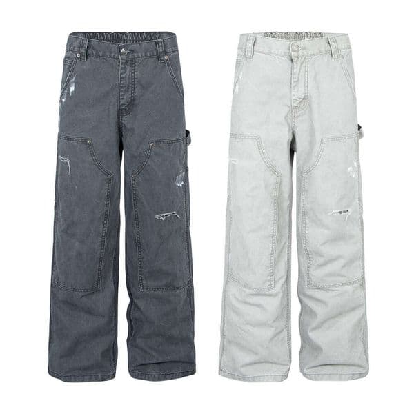 American-style workwear logging pants with multi-panel construction, elastic waistband, distressed look, straight loose fit, unisex