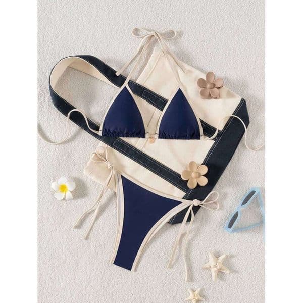 Sexy Navy Patchwork Bikini Set 2026 Women Halter Push Up Bra Triangle Swimsuit Brazilian Beach Bathing Suit Micro Swimwear 26L0528