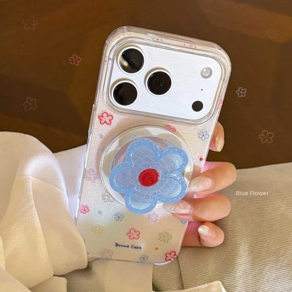 Korean Glitter Colorful Flowers With Blue Flowers Magnetic Bracket Phone Case For iPhone 17 16 15 14 13 Pro Max Shockproof Cover Z260528