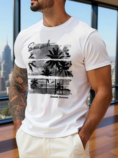 Watercolor Palm Tree Seaside Print on Premium Soft 100 Cotton Mens T shirt Perfect for Summer Casual Streetwear Style D260528