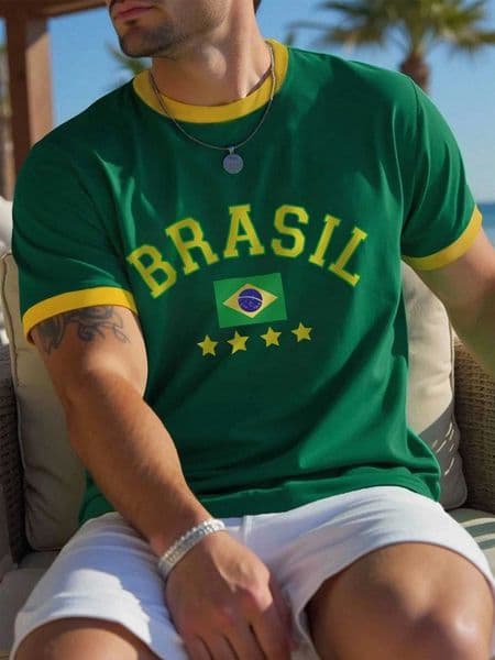 Mens Green Yellow Brazil Football Sports Element Letter Print Pattern T-Shirt Brazil Shirt Football T shirt D260528