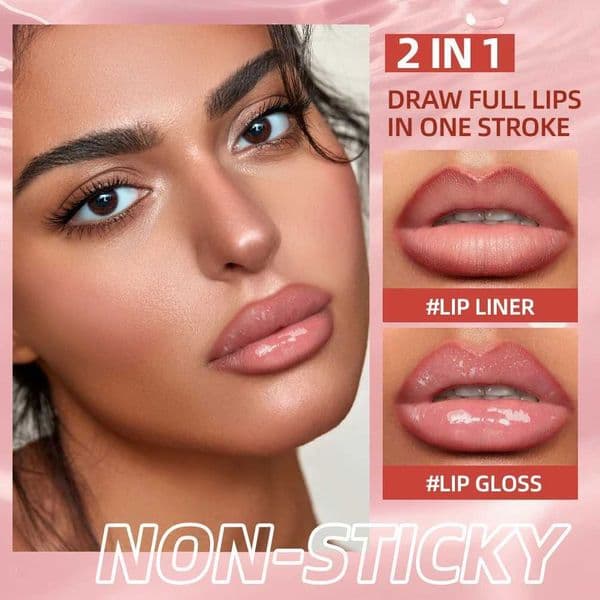 QIBEST Double Head Mirror Lip Glaze Lipliner Pen Water Light Lipgloss Makeup 2 in 1 Stick Matte Velvet Lip Liner Contour Pencil M260527