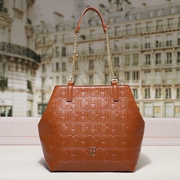 Embossed Monogram Tote Bag For Women Large Capacity Gold Chain Shoulder Handbag