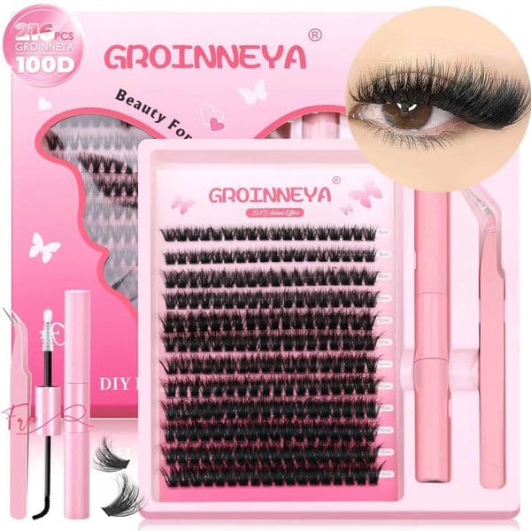 GROINNEYA DIY Lash Clusters Kit Thick Fluffy Cluster Lashes Full Set Lashes Extension with Lash BondSeal Individual EyelashesT260528
