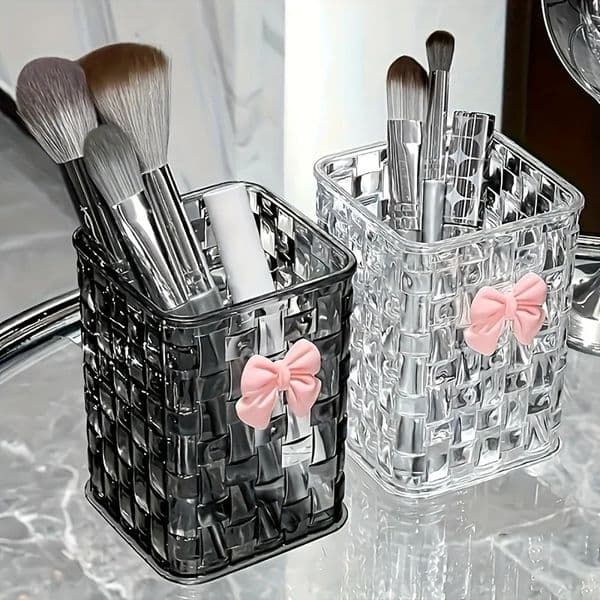 Makeup brush storage box with bow n highend textured pen case desktop fashionable shelf 260527