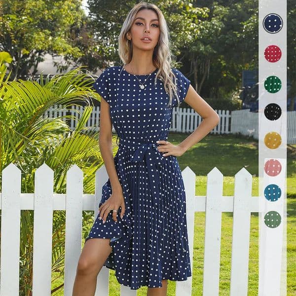Summer Dresses For Women High Waist Midi Elegant Pleated Polka Dots Office Lady Dinner Party Vacation Dress Female Clothing Robe 260527
