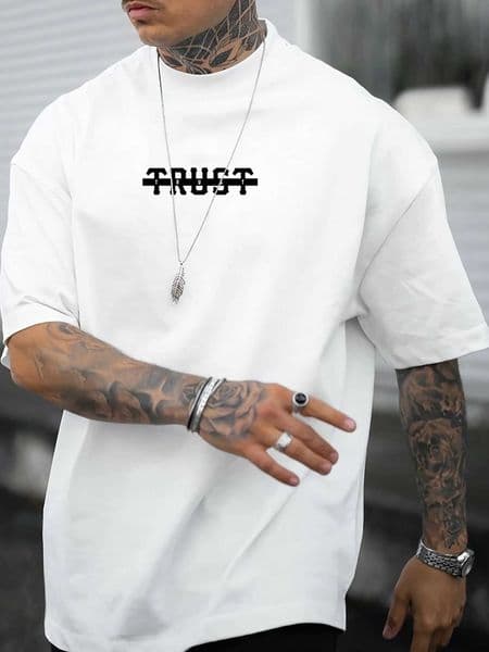 Stylish 100 Cotton Mens T shirt Featuring Bold TRUST Typography Ideal for Summer Everyday Wear and Layering D260528