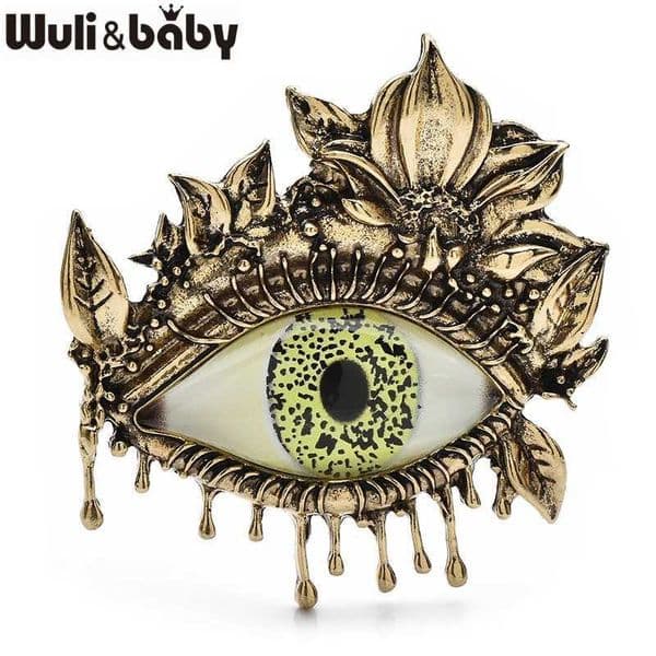 Wulibaby Vintage Flower Eye Brooches Metal Green Eyes For Womens Backpack Clothes Brooch Pins Gifts L260529