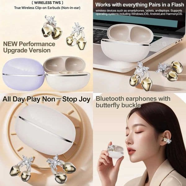 Clip-on Earbuds Wireless Bluetooth Open Ear Headphones with Detachable Crystal Bowknot Earrings Sports Bluetooth Headphones 2026 X260529