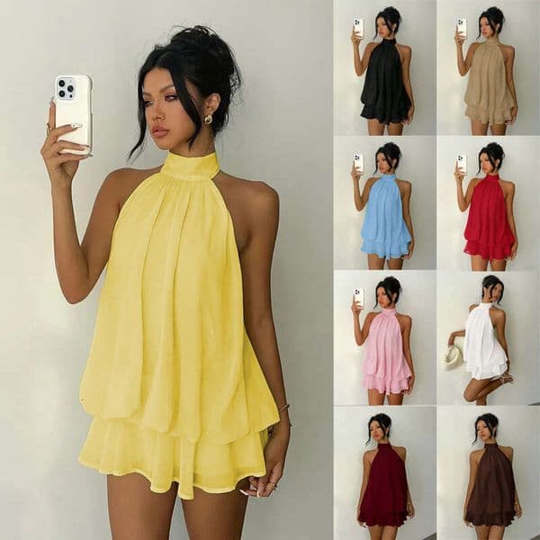 New European and American style solid color vacation slim-fit sexy backless halter neck waist-cinching top with puffy short skirt dress for women