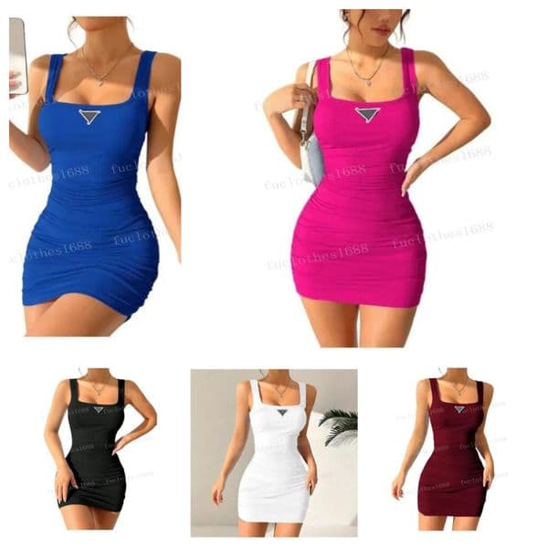 Designer women's trendy sexy vest basic casual luxury dresses black color Sleeveless U neck Bag Hip Dress with brand geometry sticker long skirt party club