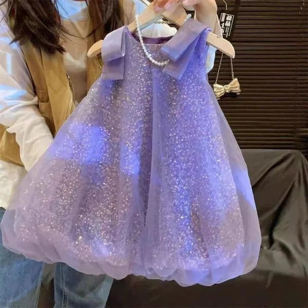 Summer Girls Sequined Lace Bow Bubble Princess Dress Korean Version Fashionable Solid Color Kids Clothes 27 Years Old 260529