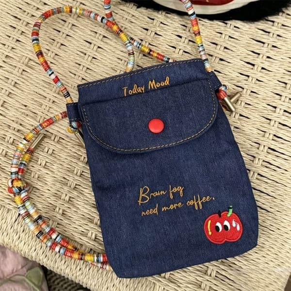 Cute Summer Denim Crossbody Bag with Apple Embroidery - Versatile Casual Slings