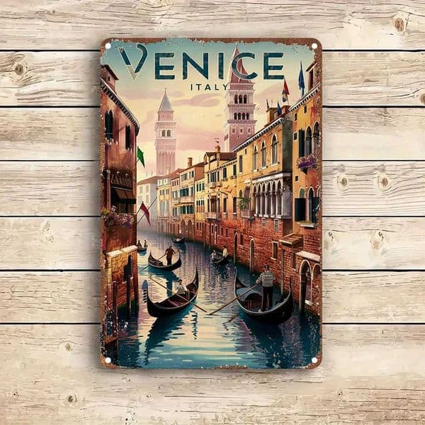 Vintage Venice Italy Landscape Metal Tin Sign - Rustic Wall Art with Gondolas Historic Buildings Perfect for Home Bar Cafe C260529