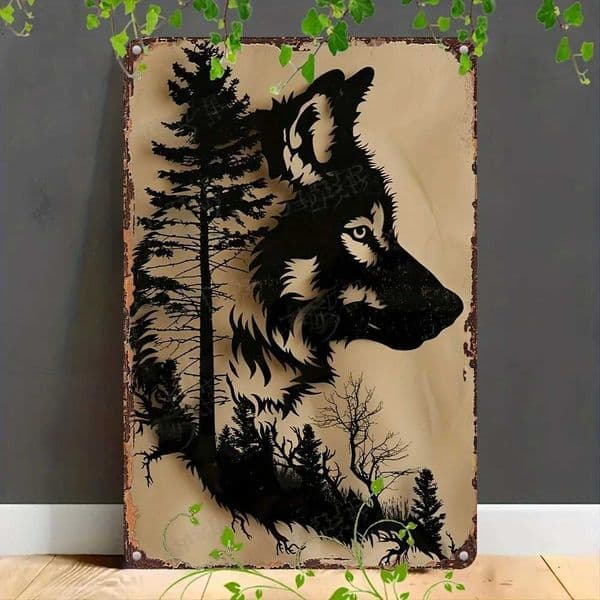 Iron Wolf Silhouette Wall Sign - Engraved Forest Animal Scene Versatile Metal Decor for Indoor/ Outdoor Use Pre-Drilled C260529
