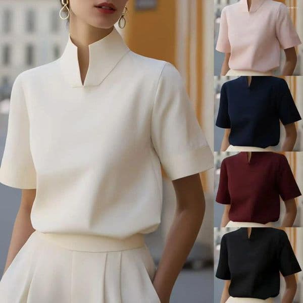 Women's Blouses Women Stand Collar Short Sleeve OL Workwear Blouse Shirts Summer Lady Solid Color Slim Pullover Tops SZE-ST26043
