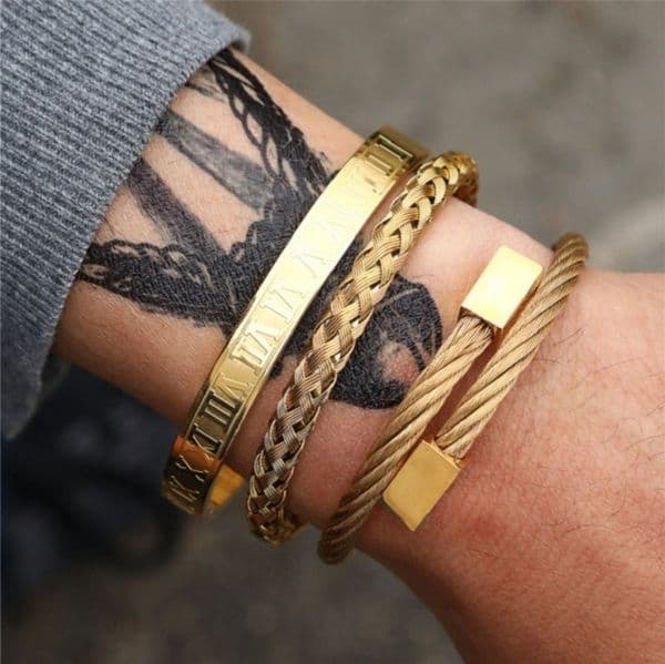 3pcs/Set Roman Numeral Mens Bracelets Stainless Steel Hemp Rope Buckle Open Punk Bangles Gold Pulseira Bileklik Bracelet Jewelry