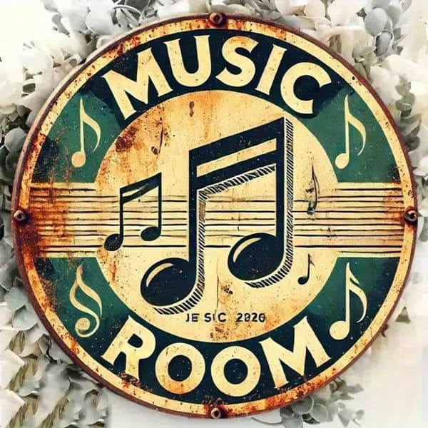 Retro Metal Sign 8 Inch Round Vintage Wall Decor with Music Notes Rustic Iron Plaque for Home Bar C260529