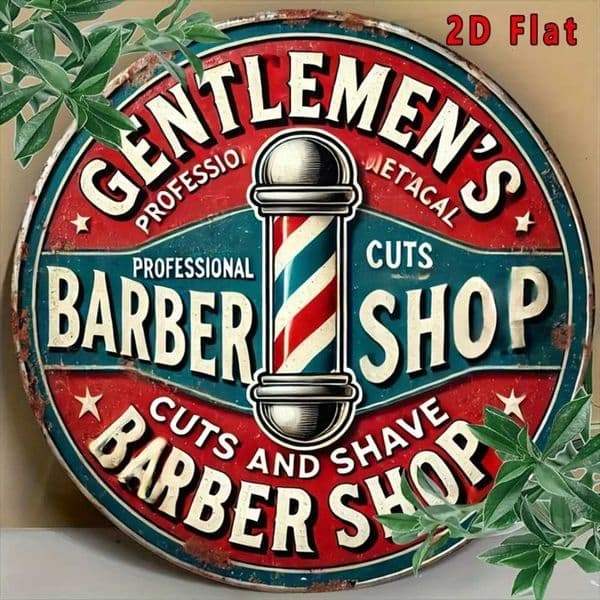 Vintage Gentlemens Barber Shop Barber Pole Round Metal Sign 2D Flat Distressed Retro Salon Wall Decor C260529