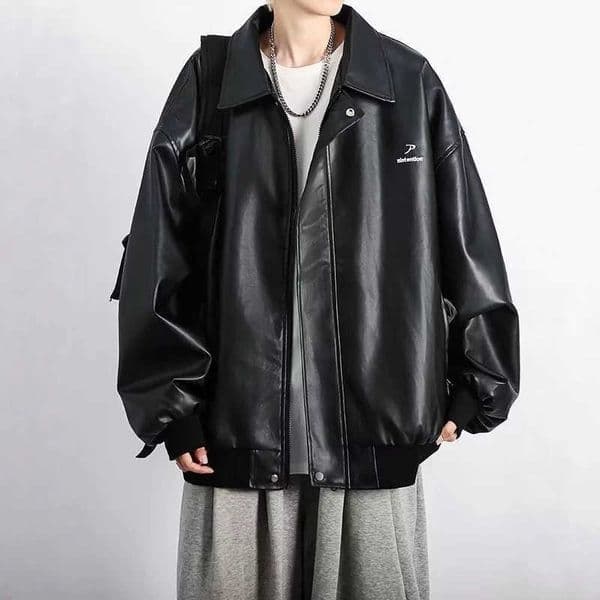 American-style trendy brand PU leather jacket for men stylish and cool street hip-hop loose-fit casual versatile biker jacket L260528